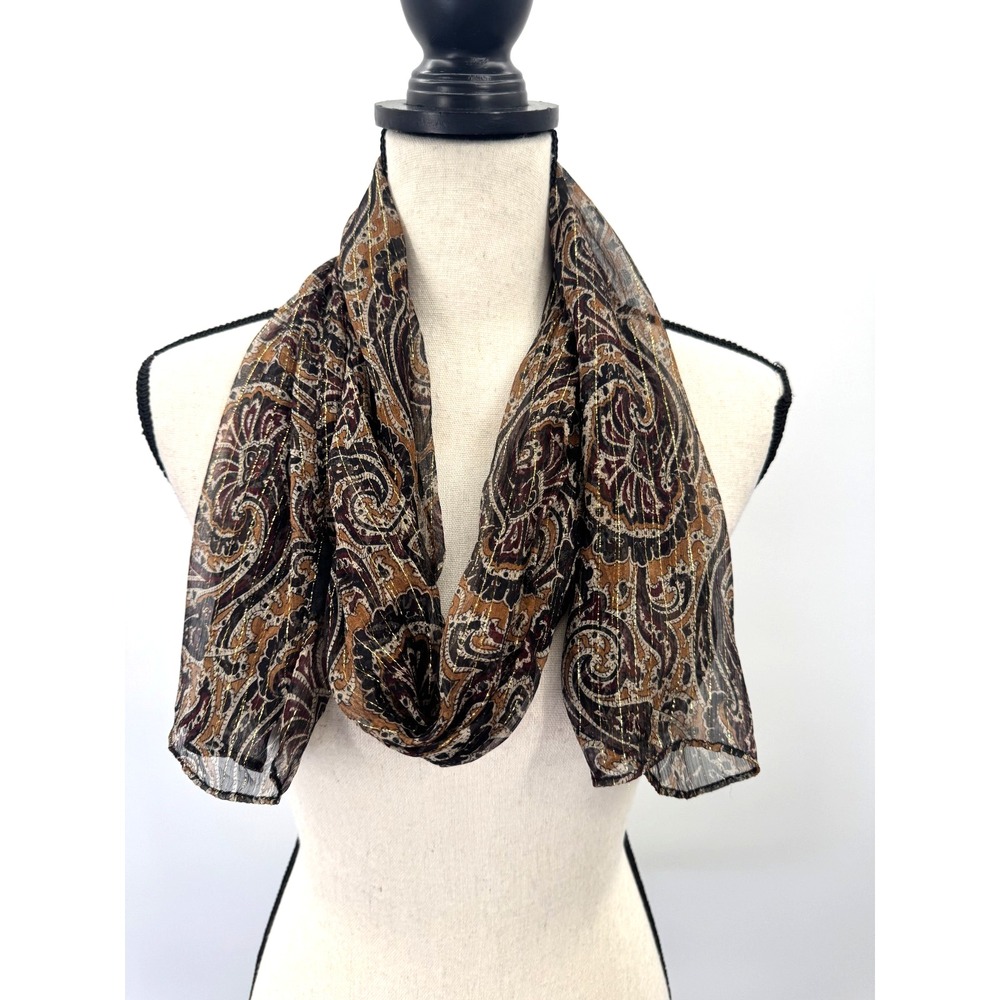 Cejon Brown Gold Silk Paisley Scarf Wrap Boho Earthy Lightweight Sheer Shawl